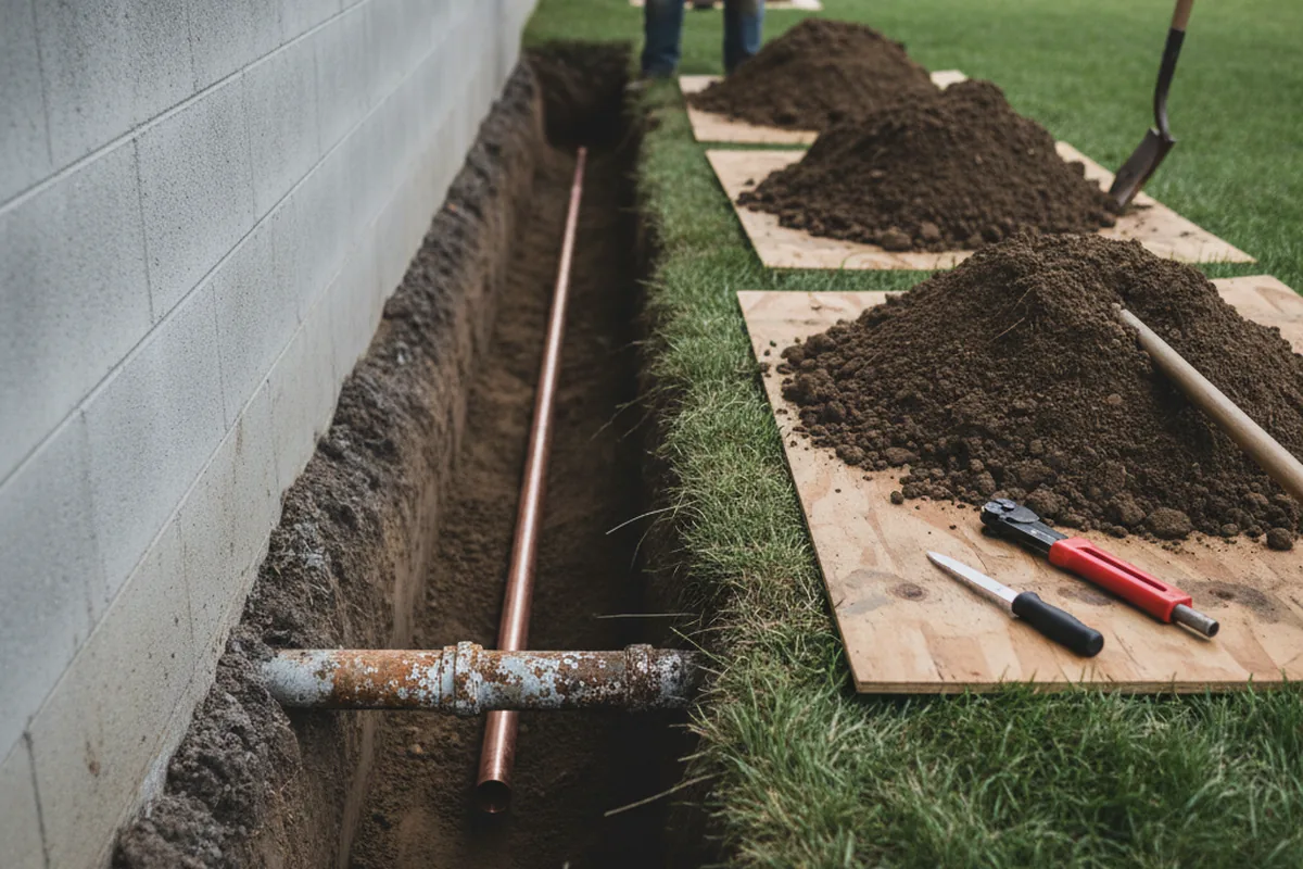 Excavated water line trench during Sewer Line Repair in Bedford